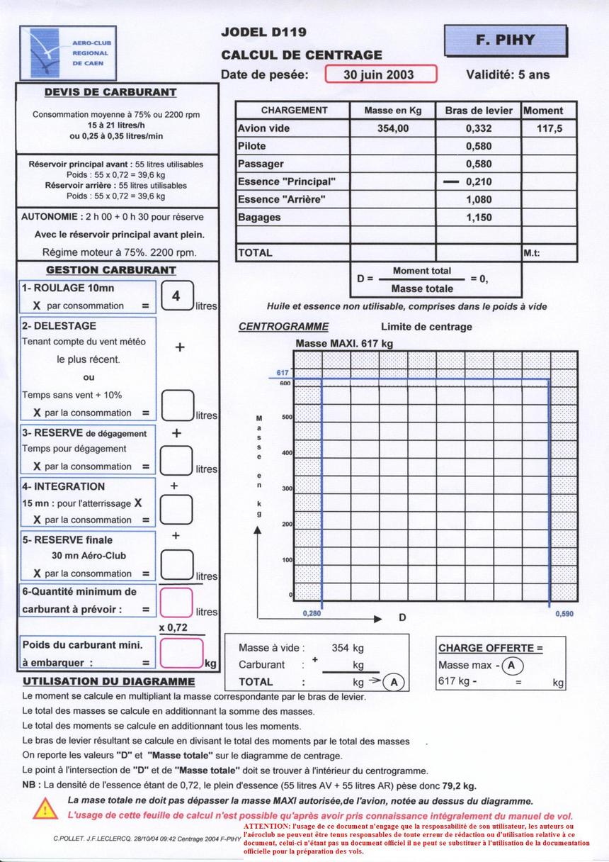 Devis carburant masse et centrage HY