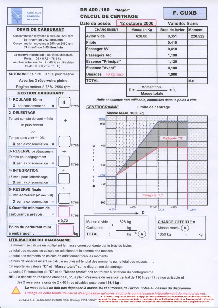 Devis carburant masse et centrage XB