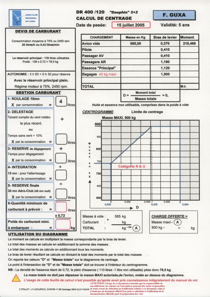 Devis carburant masse et centrage XA