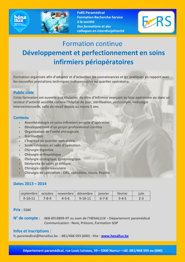 Henallux - Formation continue : Développement et perfectionnement en soins infirmiers périopératoires