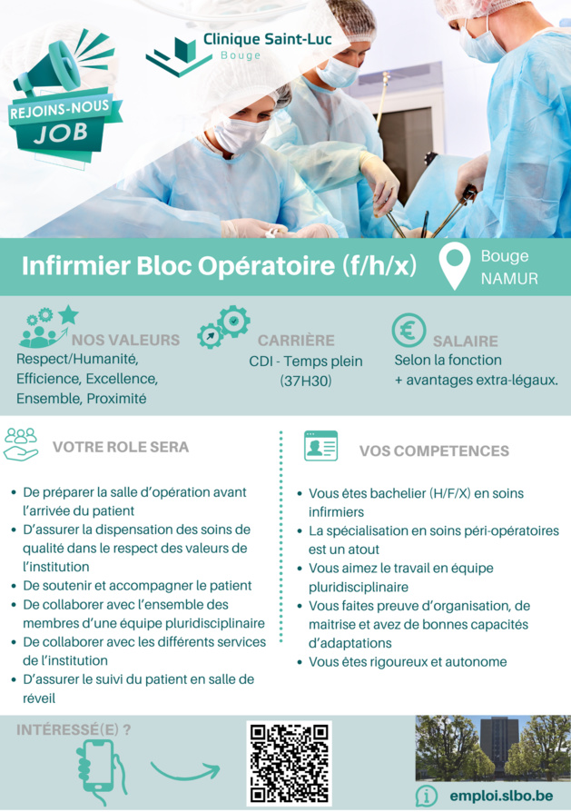 La Clinique Saint-Luc de Bouge recherche un (f/h/x) infirmier de bloc opératoire