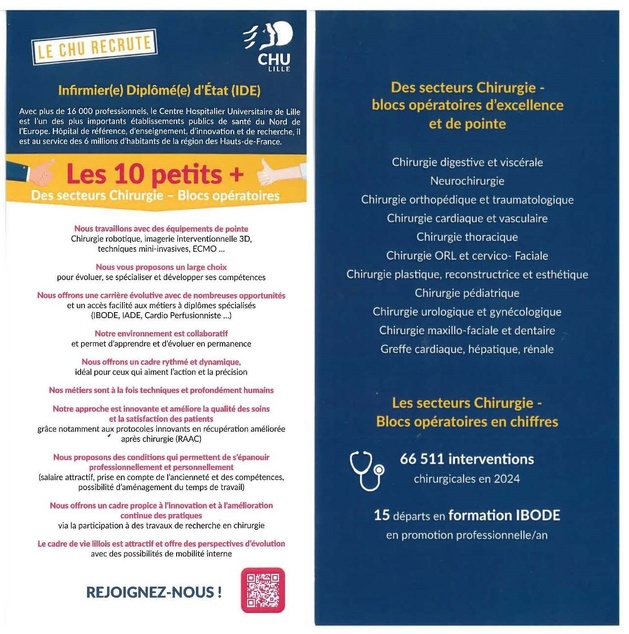 Le CHU de Lille recrute des infirmier(e)s pour la chirurgie et les blocs opératoires