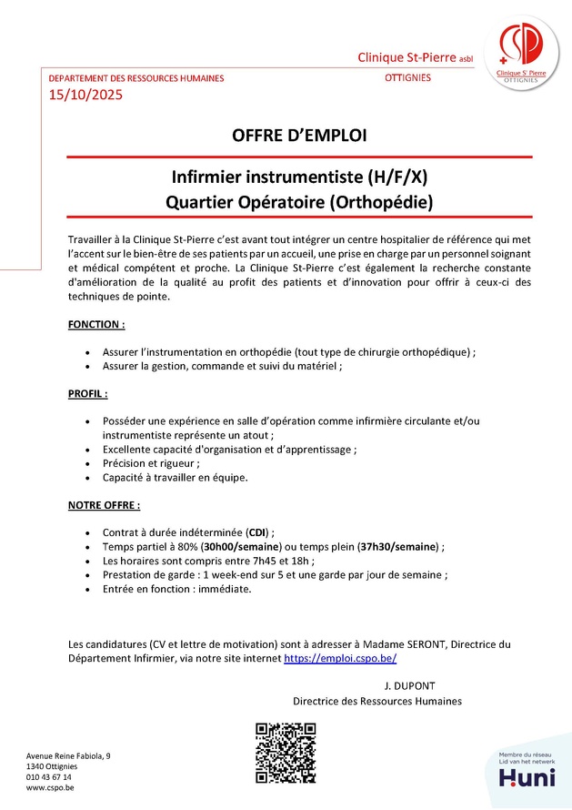La Clinique St-Pierre d'Ottignies recrute un (h/f/x) infirmier instrumentiste pour le quartier opératoire (orthopédie)