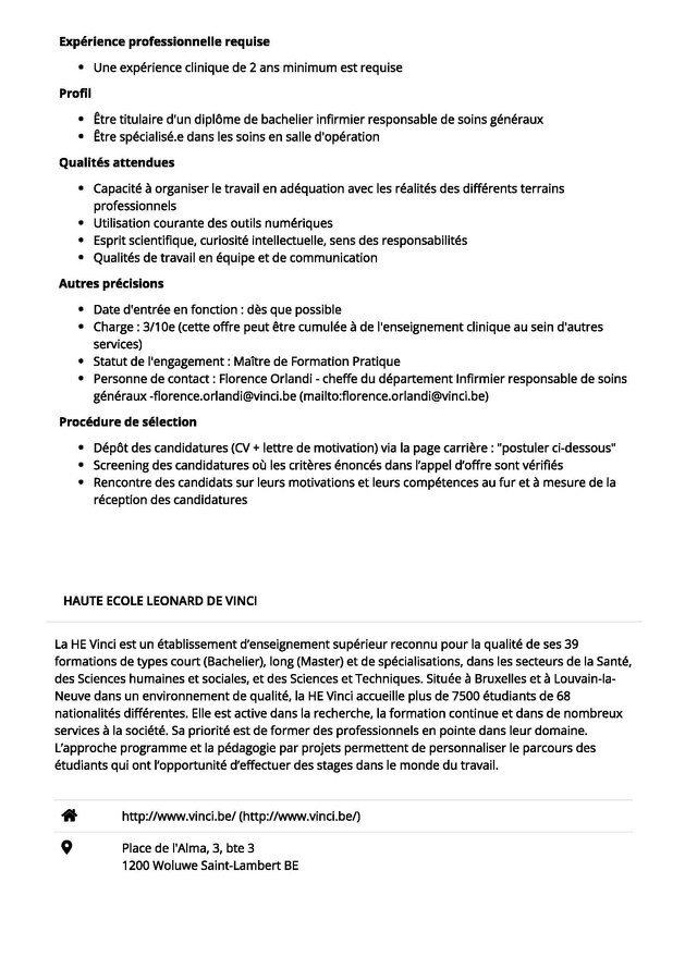 La Haute Ecole Leonard de Vinci recherche un.e Maître de Formation Pratique pour superviser les étudiants en salle d'opération