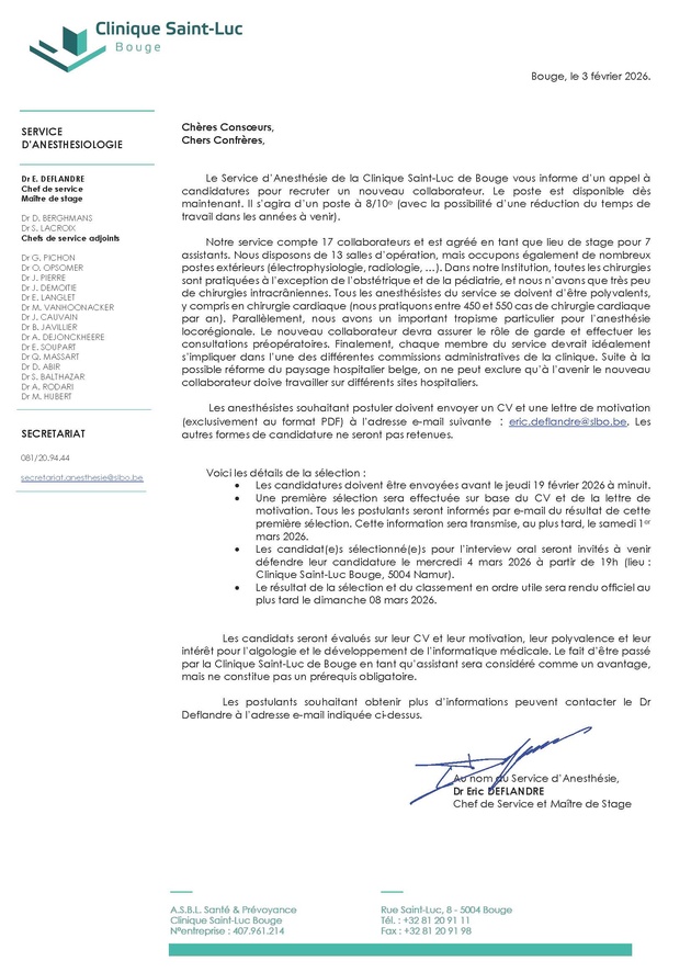 Le Service d’Anesthésie de la Clinique Saint-Luc de Bouge vous informe d’un appel à candidatures pour recruter un nouveau collaborateur.