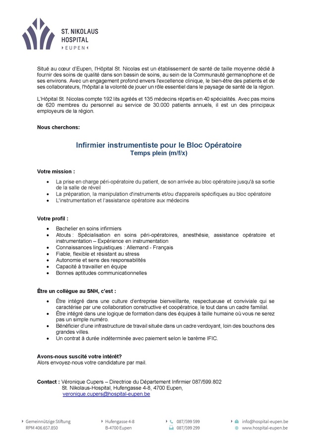 L'Hôpital St. Nikolaus d'Eupen recrute un (m/f/x) infirmier instrumentiste pour le Bloc Opératoire