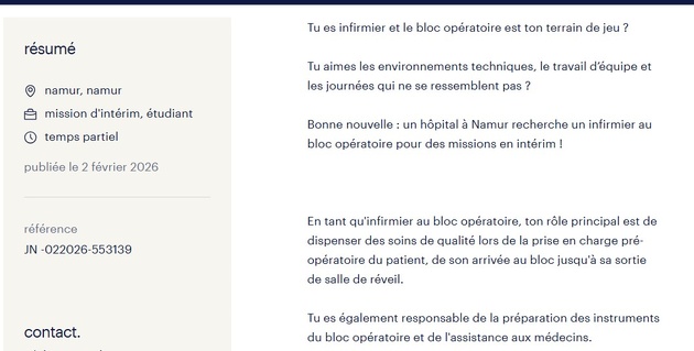 Un hôpital à Namur recherche un infirmier au bloc opératoire pour des missions en intérim (Randstad)