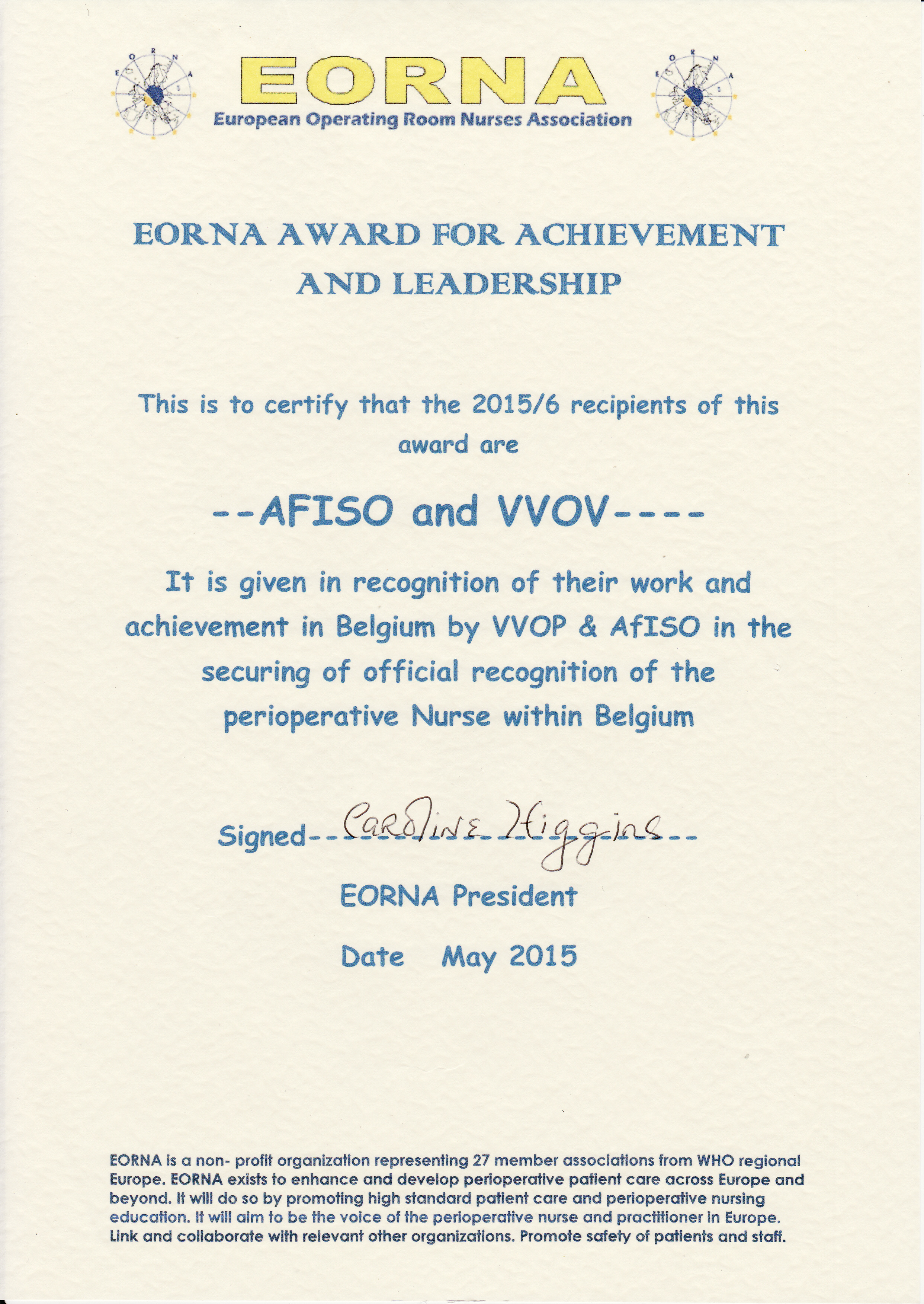 L'AFISO récompensée à EORNACongress 2015 pour son action dans la reconnaissance du titre