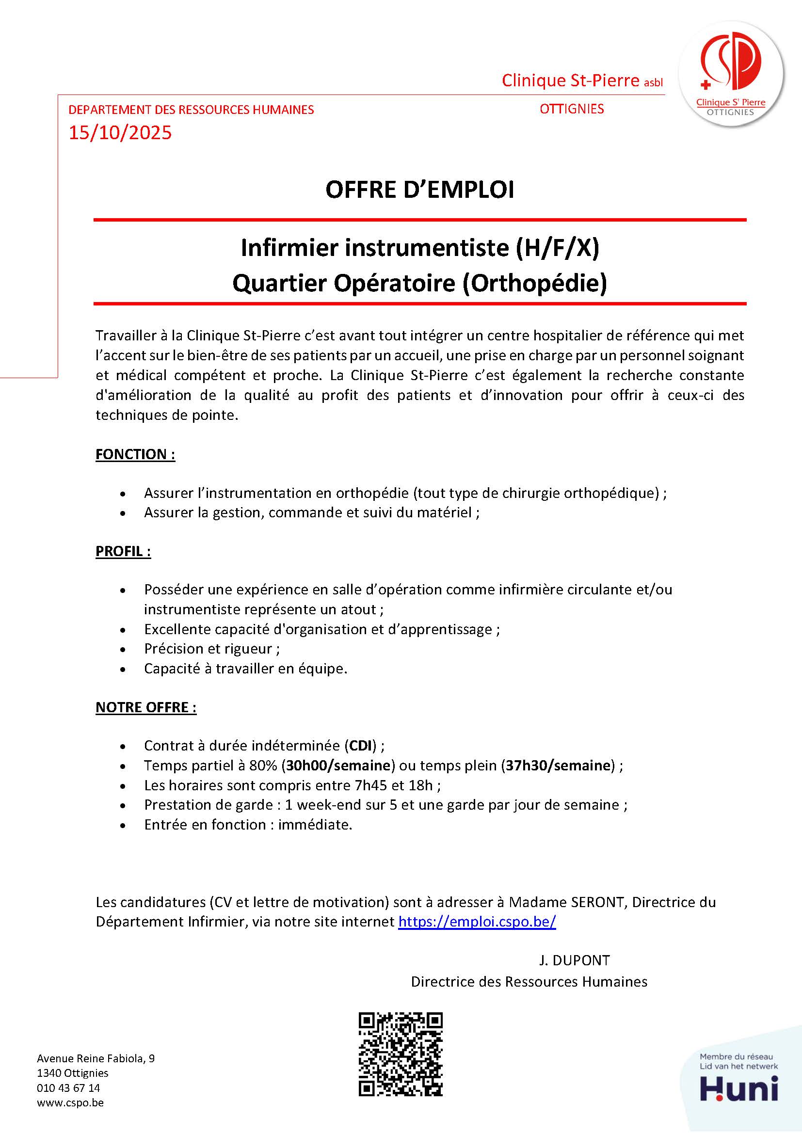La Clinique St-Pierre d'Ottignies recrute un (h/f/x) infirmier instrumentiste pour le quartier opératoire (orthopédie)