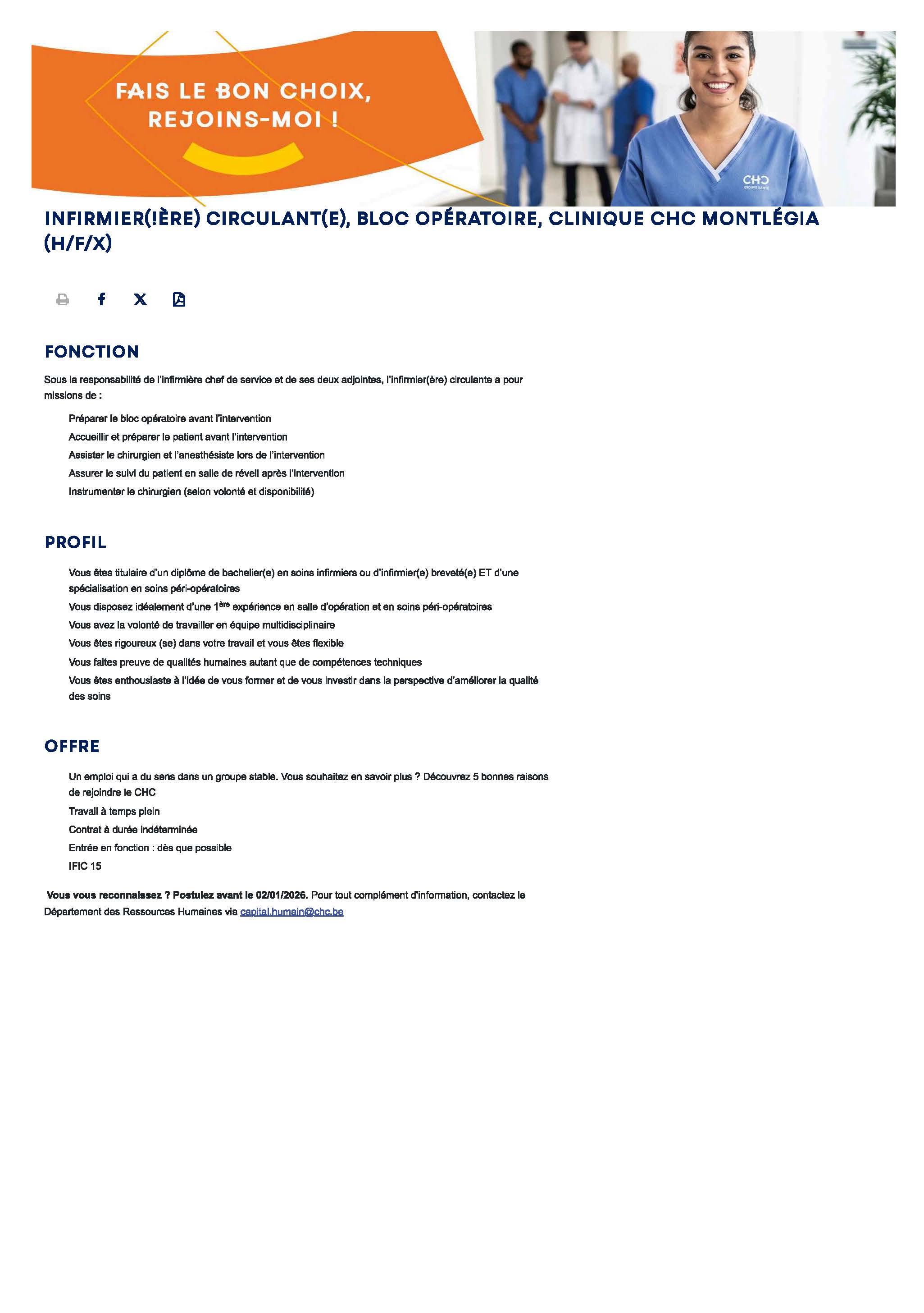 Le Groupe santé CHC est à la recherche d’un(e) instrumentiste circulant(e) pour le bloc opératoire de la clinique du MontLégia
