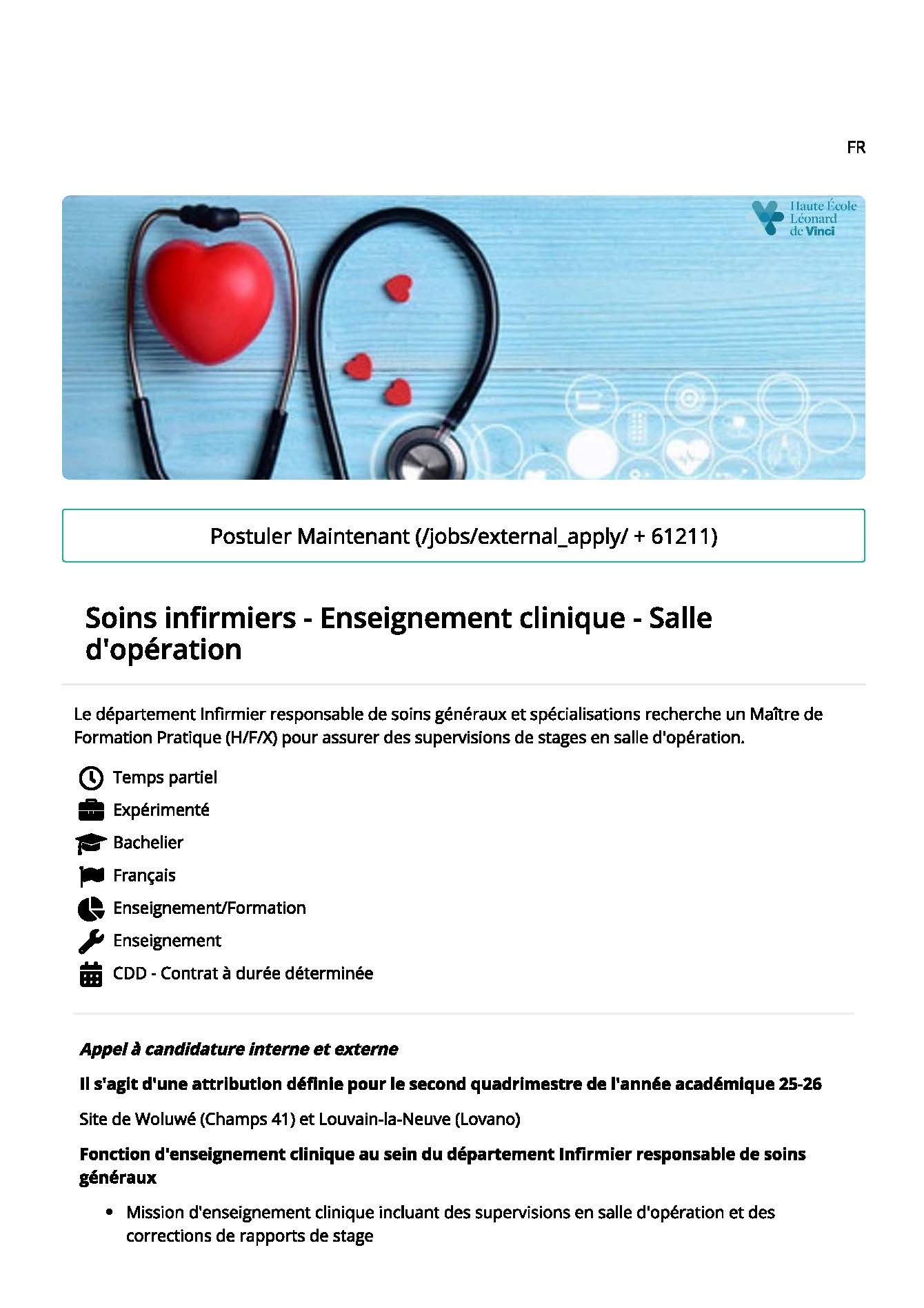 La Haute Ecole Leonard de Vinci recherche un.e Maître de Formation Pratique pour superviser les étudiants en salle d'opération