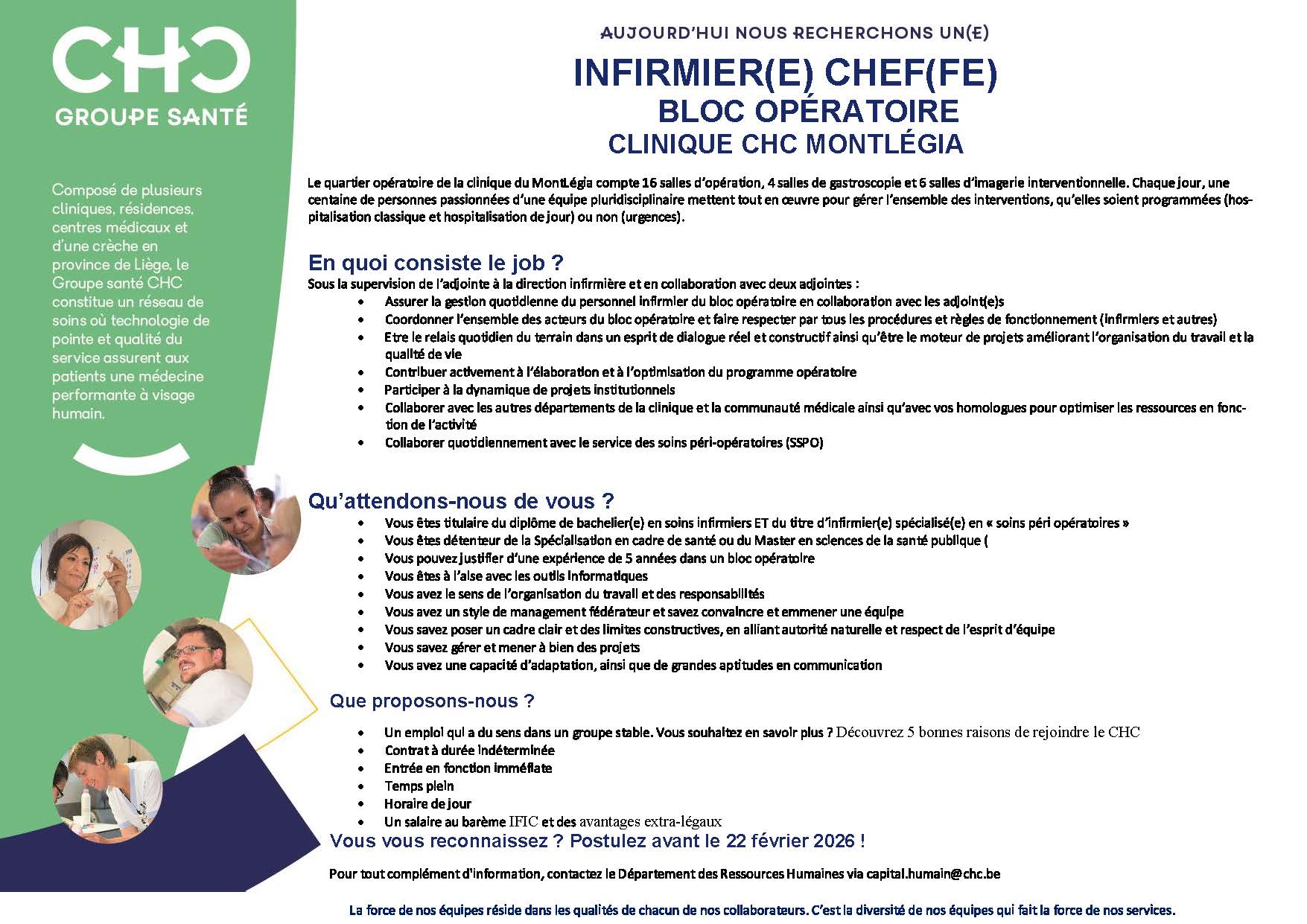 La Clinique CHC Montlégia recherche un(e) infirmier(e) chef(fe) pour son bloc opératoire