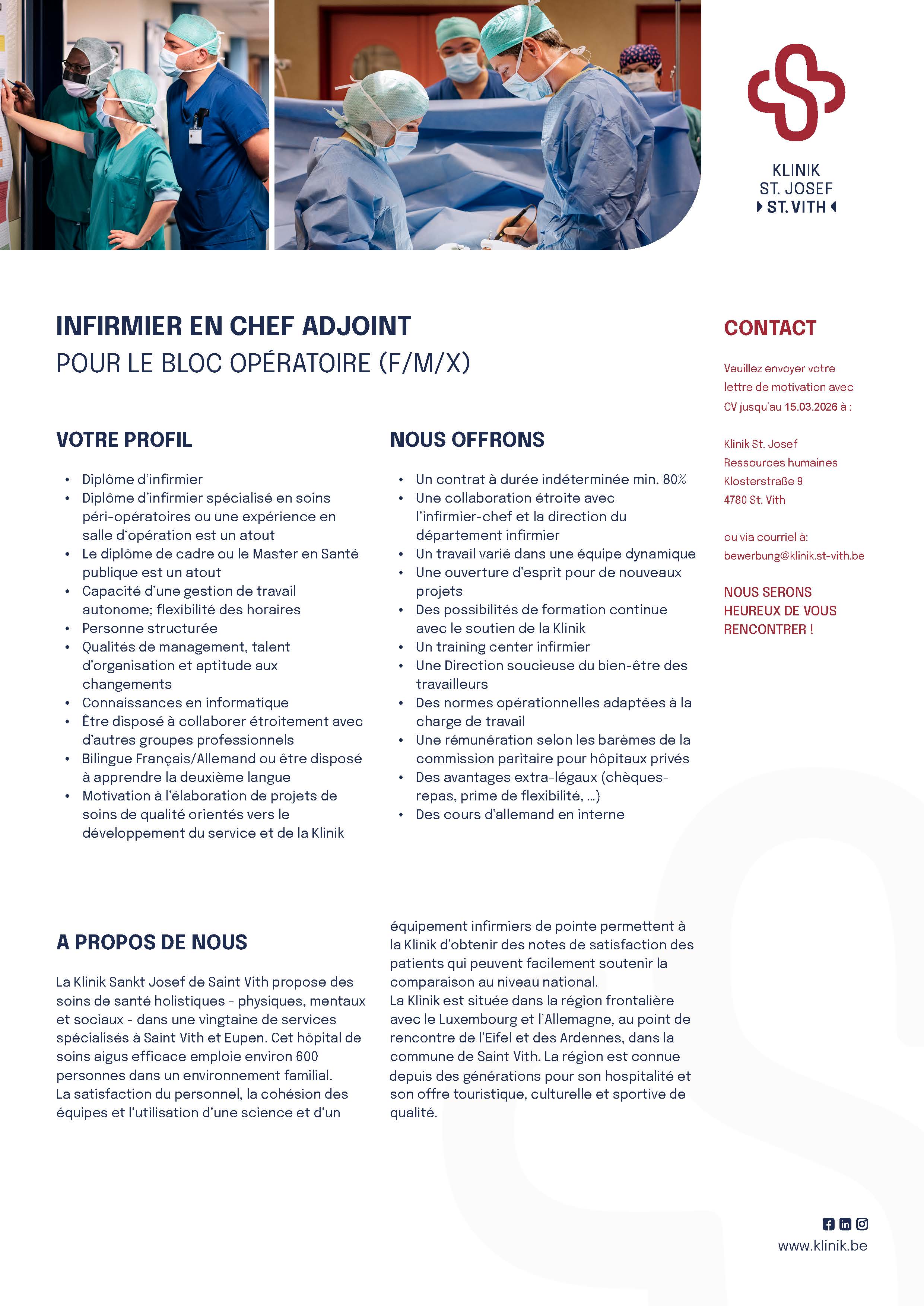 La Klinik St. Josef de St. Vith recrute un infirmier en chef adjoint pour le bloc opératoire (F/M/X)
