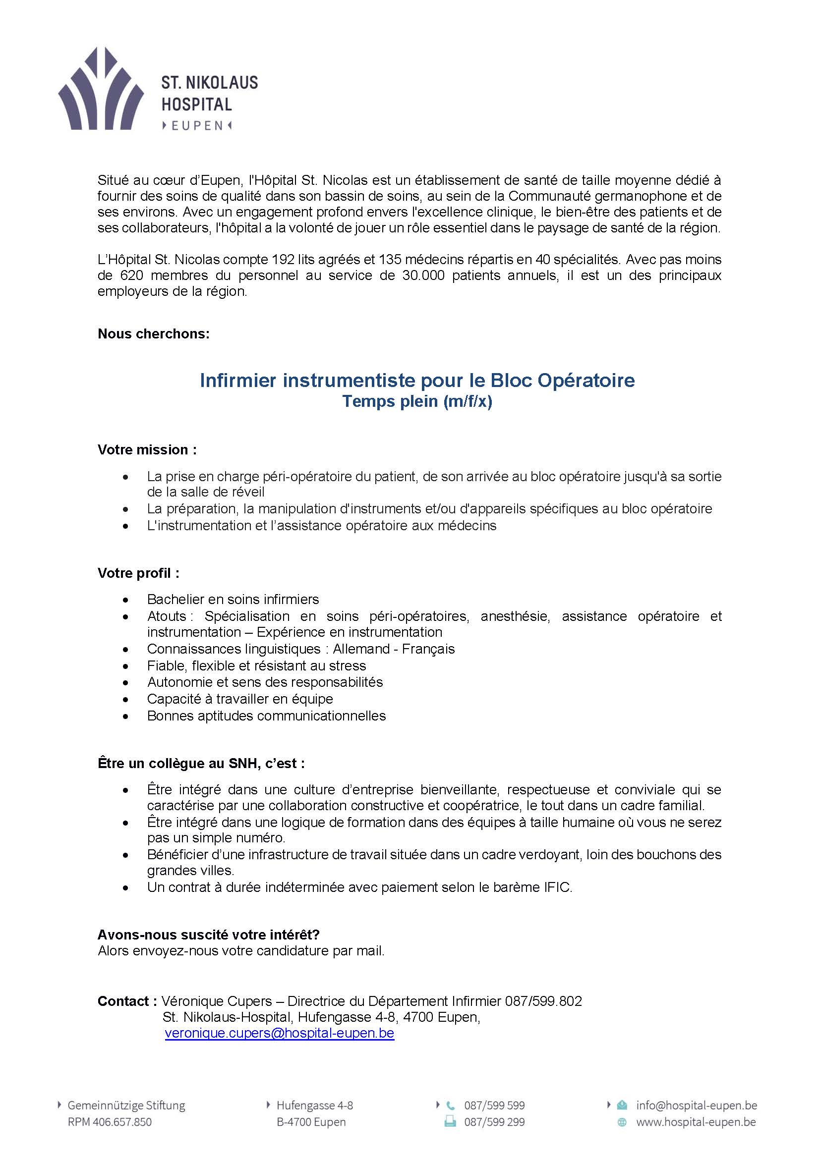 L'Hôpital St. Nikolaus d'Eupen recrute un (m/f/x) infirmier instrumentiste pour le Bloc Opératoire