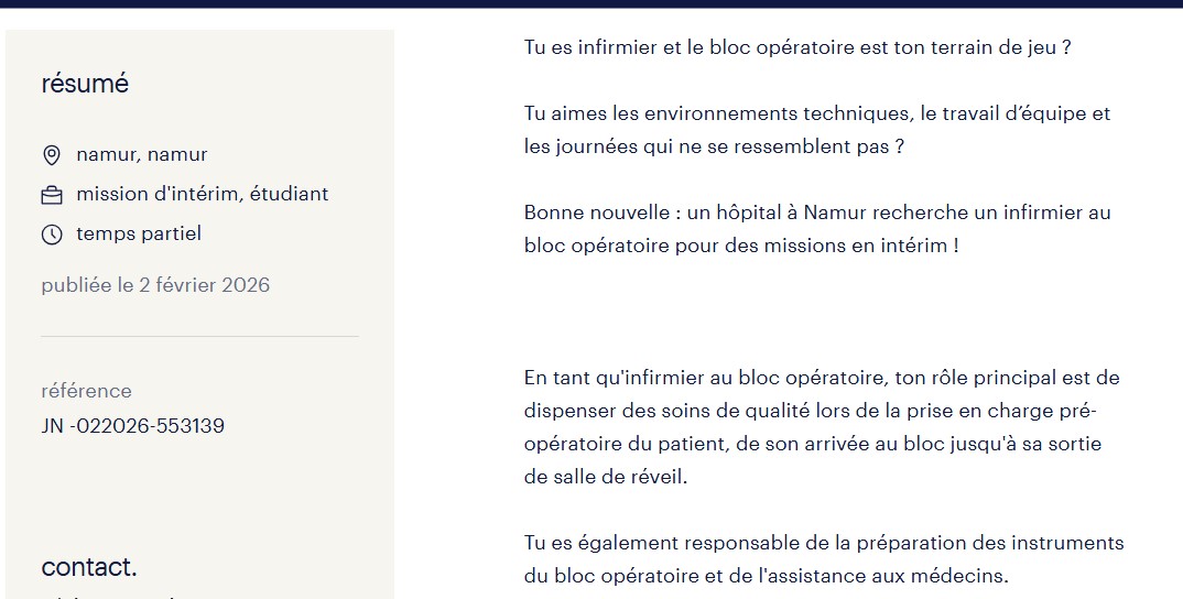Un hôpital à Namur recherche un infirmier au bloc opératoire pour des missions en intérim (Randstad)