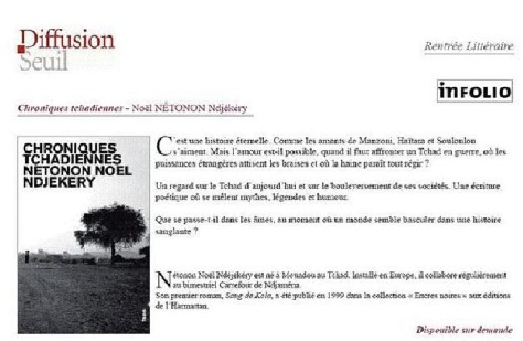 Tchad: le romancier Noel Netonon Ndjekery fait paraître son second roman intitulé 'Chroniques tchadiennes' aux editions Infolio