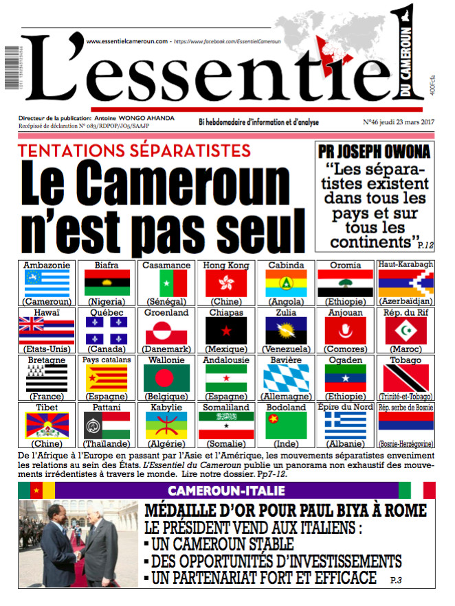 A la une de L'Essentiel du Cameroun : Tentatives séparatistes, le pays n'est pas seul