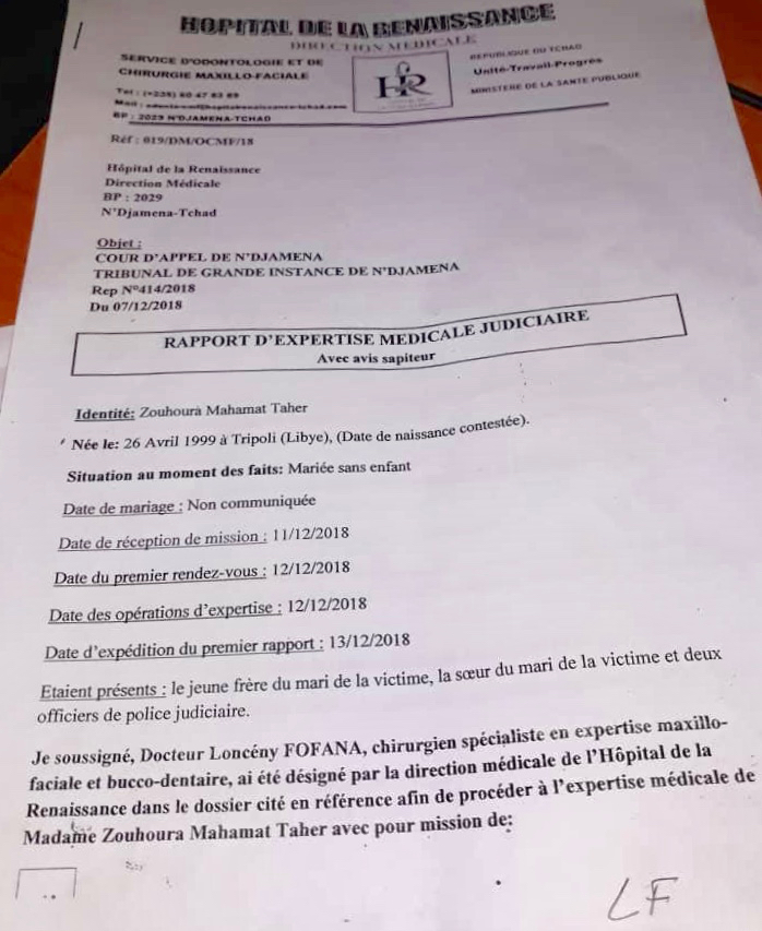 Tchad : L’expertise médicale judiciaire détermine l’âge apparent de Zouhoura Mahamat