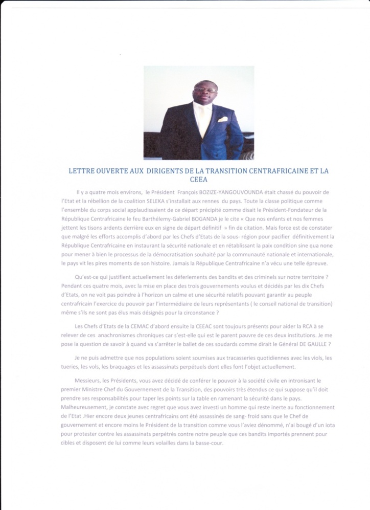 Centrafrique : Le fils de Patassé interpelle la Séléka