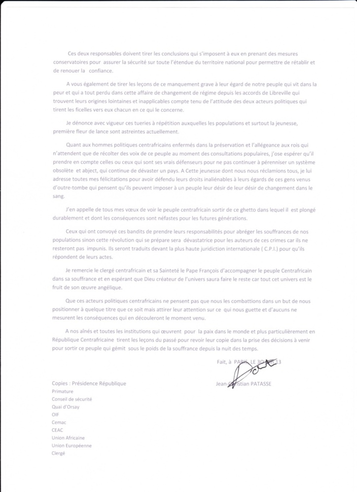 Centrafrique : Le fils de Patassé interpelle la Séléka