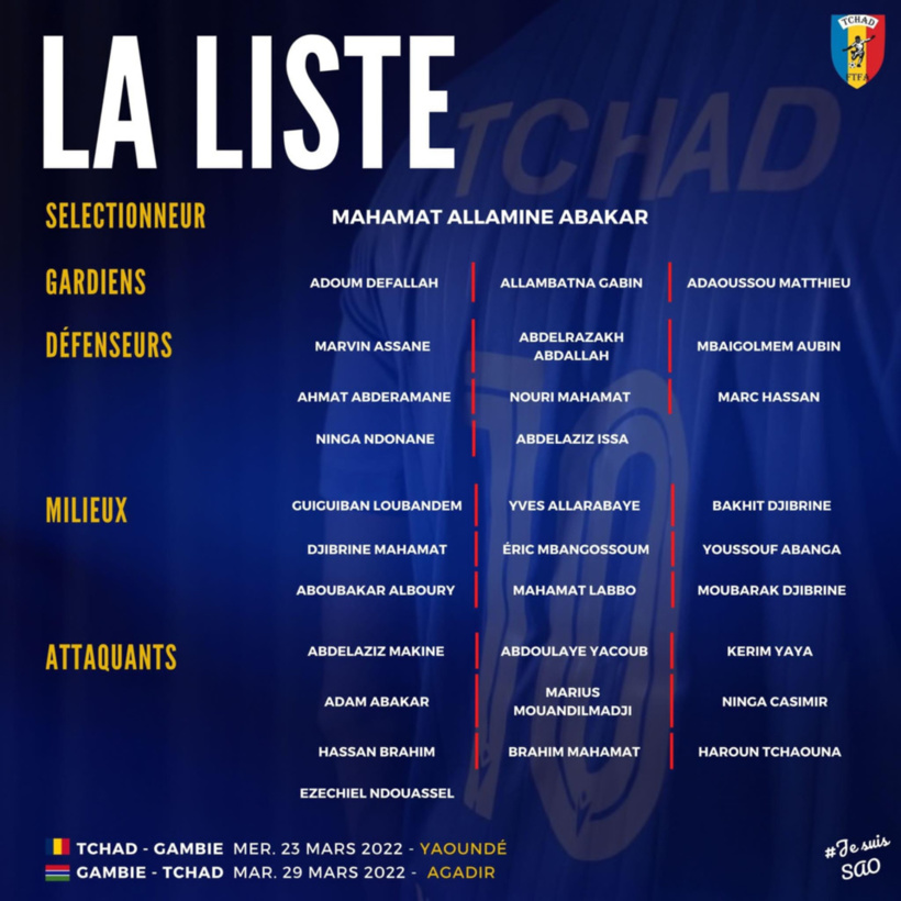 SAO du Tchad : 30 joueurs sélectionnés pour la double confrontation avec la Gambie SAO du Tchad : 30 joueurs sélectionnés pour la double confrontation avec la Gambie