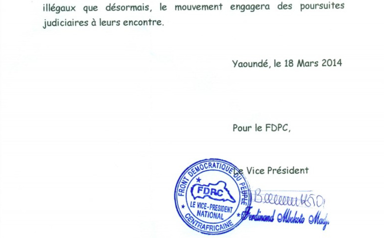 Centrafrique : Le FDPC lance un avertissement Centrafrique : Le FDPC lance un avertissement