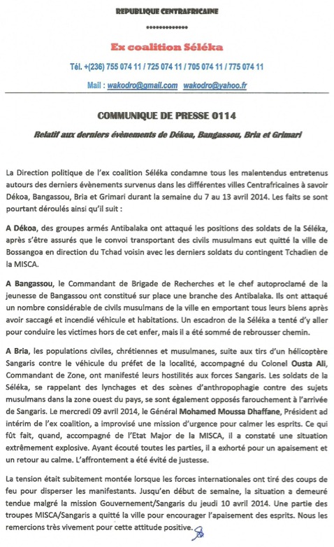 RCA : La Séléka avertit des conséquences de toute tentative de désarmement forcé
