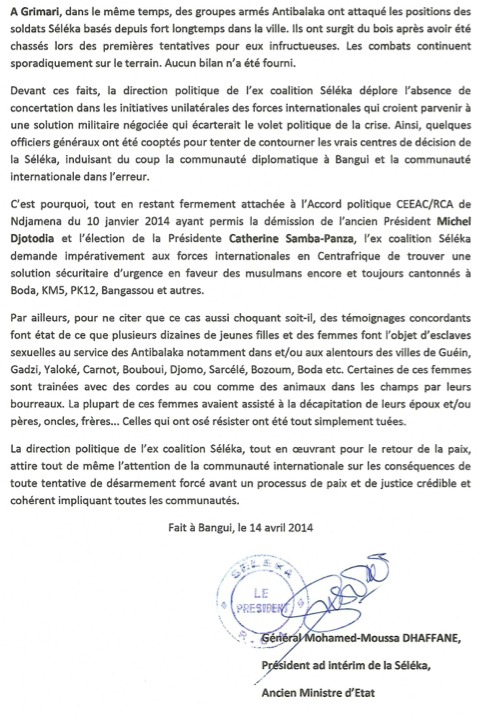 RCA : La Séléka avertit des conséquences de toute tentative de désarmement forcé