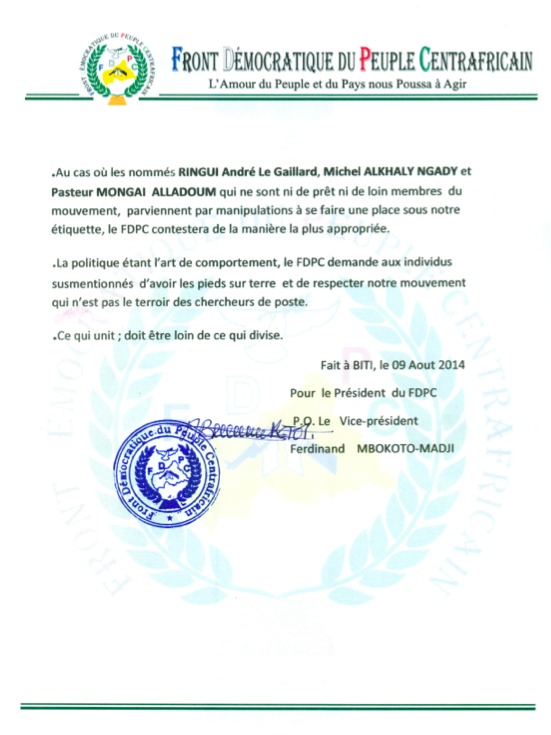 RCA : Le groupe armé FDPC appelle à la vigilance pour la formation du gouvernement