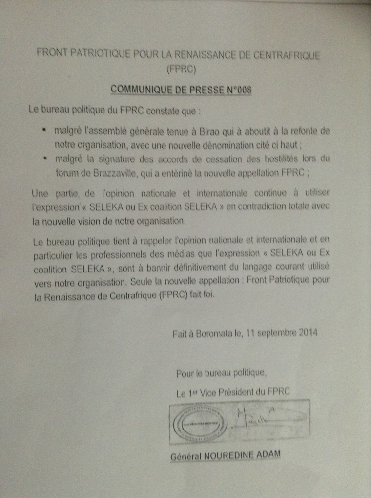 RCA : Nouredine Adam somme les médias de bannir l'expression "Séléka" ou "Ex-Séléka"