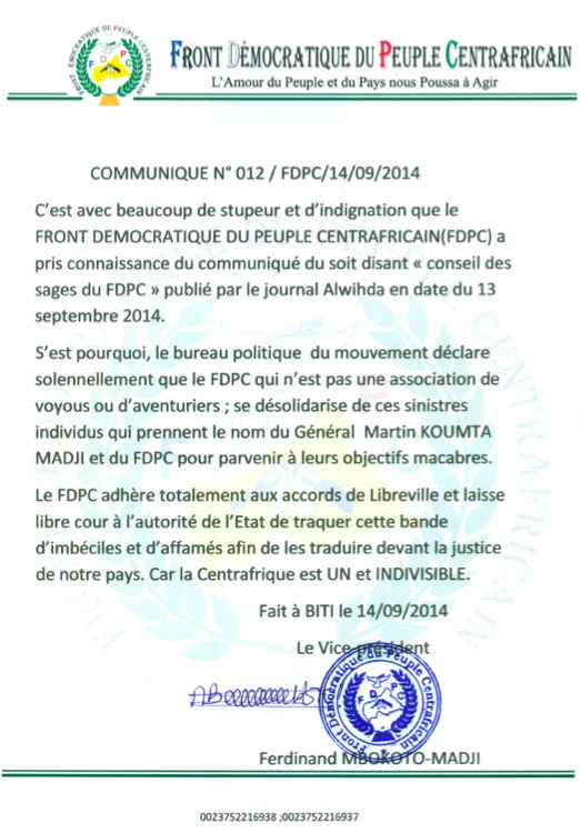 RCA : Le FDPC désavoue le "Conseil des sages" et veut traquer cette "bande"