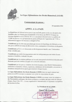 La Ligue Djiboutienne des Droits Humains (LDDH) lance un appel solennel aux parties en conflit à accepter et entamer sans tarder les négociations de paix