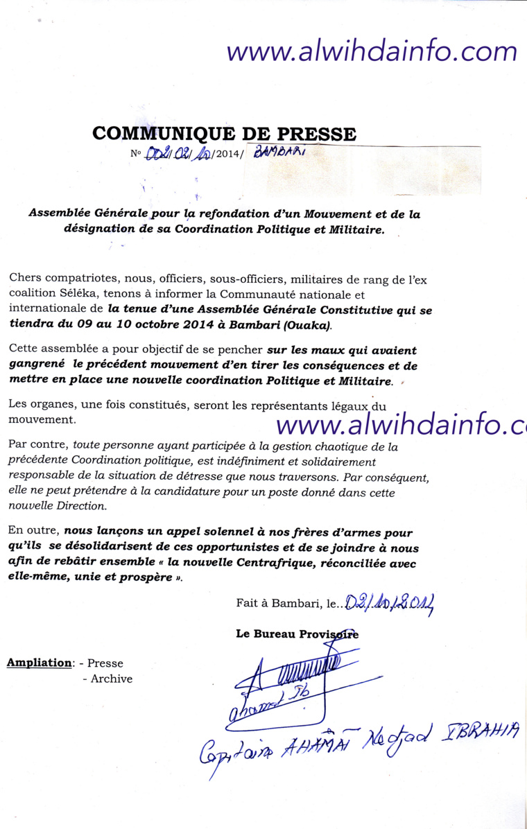 RCA : D'ex-Séléka annoncent une grande assemblée générale dans 4 jours à Bambari RCA : D'ex-Séléka annoncent une grande assemblée générale dans 4 jours à Bambari