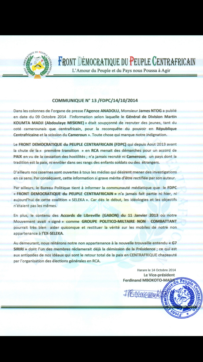 Centrafrique-Cameroun : Un mouvement dément être derrière toute tentative de déstabilisation 