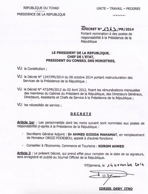 Tchad  Korom Ahmed nommé conseiller du Président