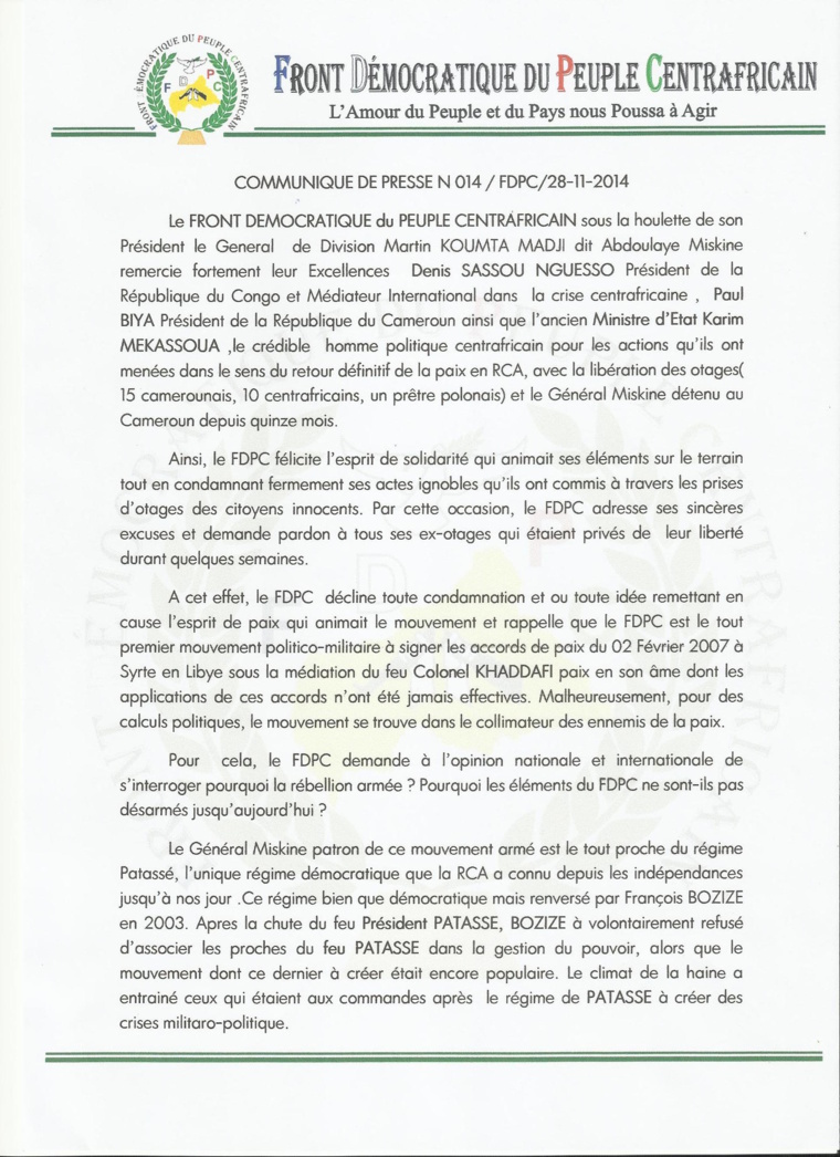 RCA : Abdoulaye Miskine remercie ceux qui ont contribué à sa libération