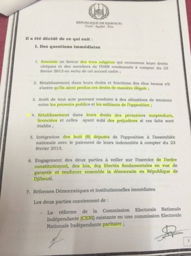 Djibouti: Détails de l'Accord-cadre secret entre le gouvernement et l'opposition. Djibouti: Détails de l'Accord-cadre secret entre le gouvernement et l'opposition.
