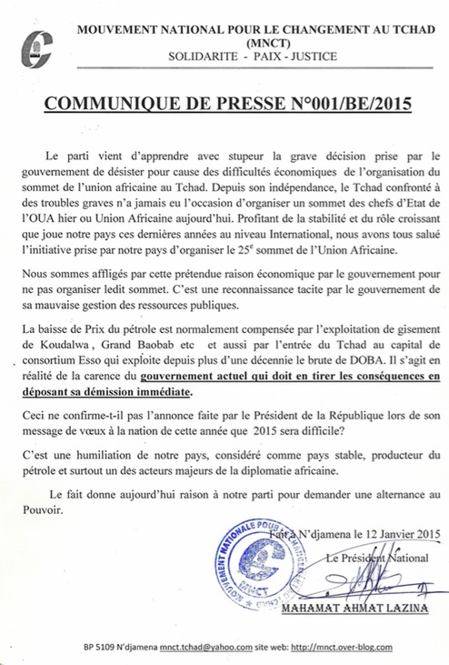 Tchad : Un parti demande la démission du gouvernement
