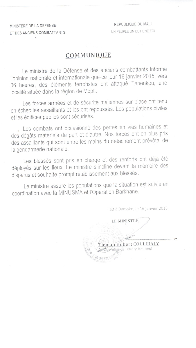 Mali : Communiqué du ministère de La Défense sur l'attaque de Teninkou