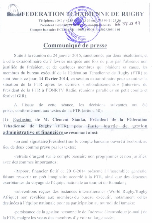 Tchad : Le Président de la Fédération de Rugby exclu pour faute grave