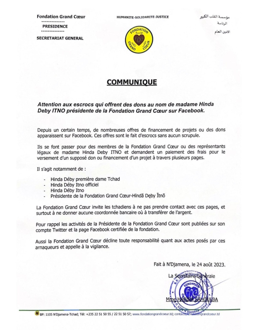 Tchad : la FGC met en garde contre des escrocs qui offrent des dons au nom de Hinda Deby Tchad : la FGC met en garde contre des escrocs qui offrent des dons au nom de Hinda Deby