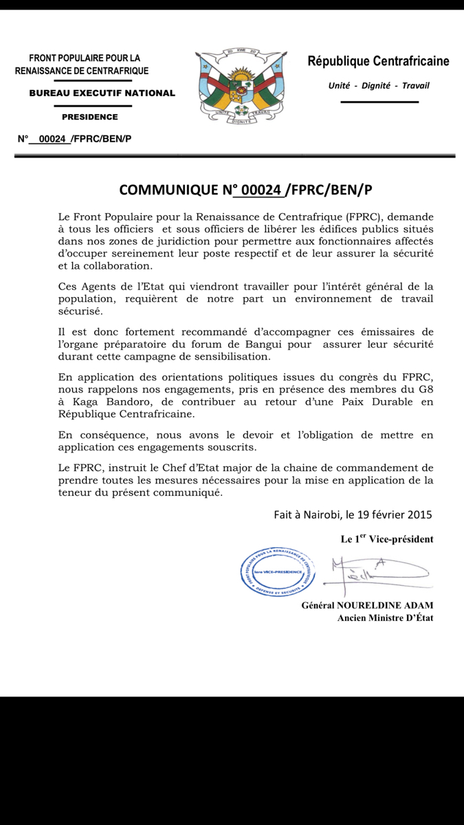 RCA : Nourredine Adam demande aux officiers de libérer les édifices publics