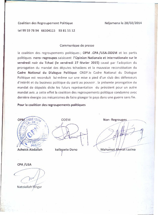 Tchad : La coalition des regroupements politiques condamne le "vendredi noir"