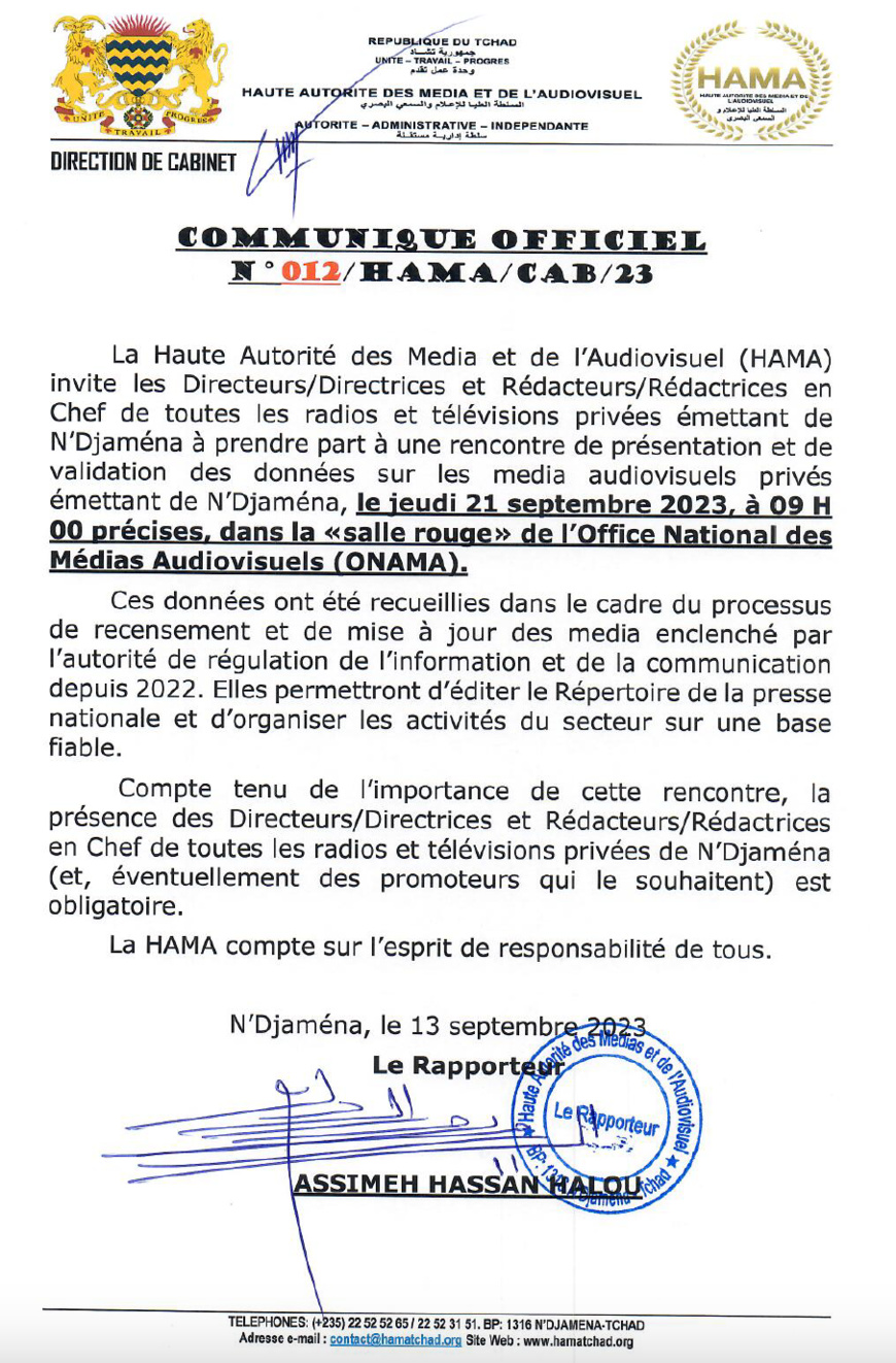 Tchad : la HAMA invite les radios et télévisions privées à une rencontre de présentation/validation de données