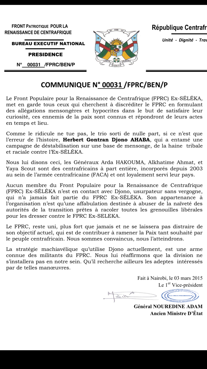 RCA : Le FPRC met en garde contre les tentatives de discrédit du mouvement 