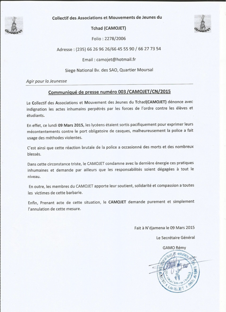 Tchad : Le CAMOJET dénonce les violences policières 
