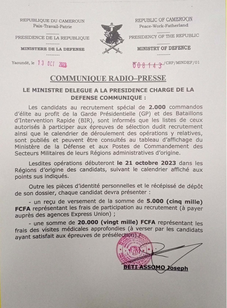 Cameroun : recrutement spécial de 2000 commandos d'élite pour la Garde Présidentielle et le BIR