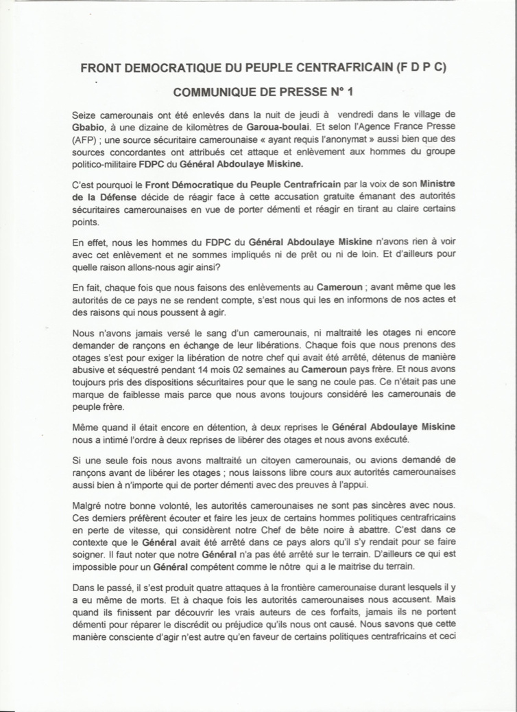 Cameroun/RCA : Le FDPC dément formellement l'enlèvement de 16 personnes