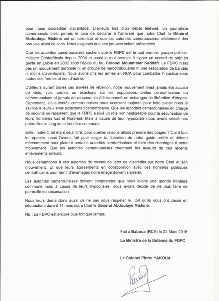 Cameroun/RCA : Le FDPC dément formellement l'enlèvement de 16 personnes