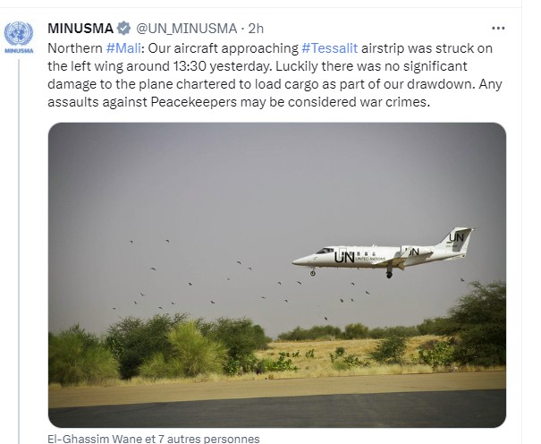 Mali : Un avion de la Minusma touché à l'aile (ONU)